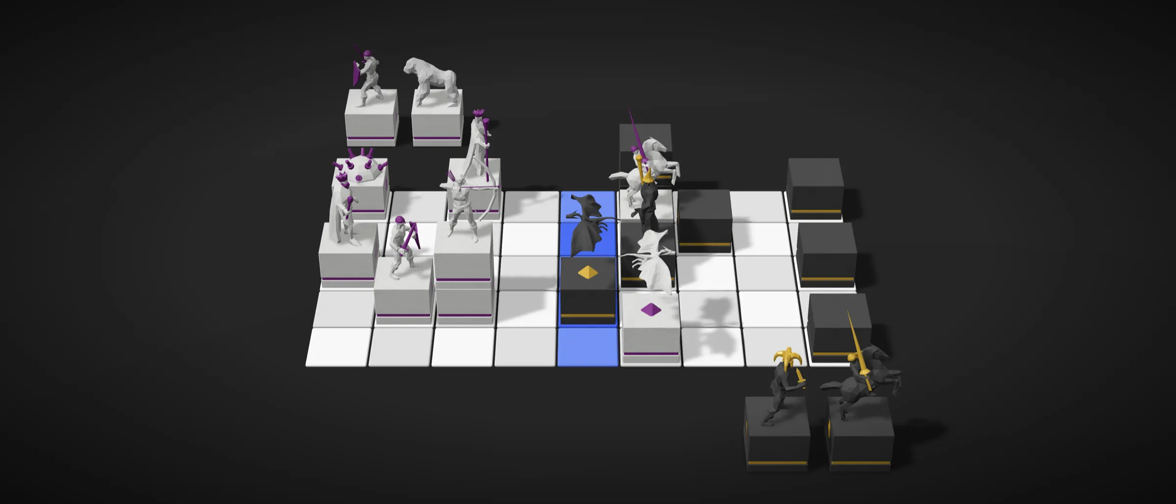 a game of uncertainty: purple and gold characters standing on white and black stones across a white board