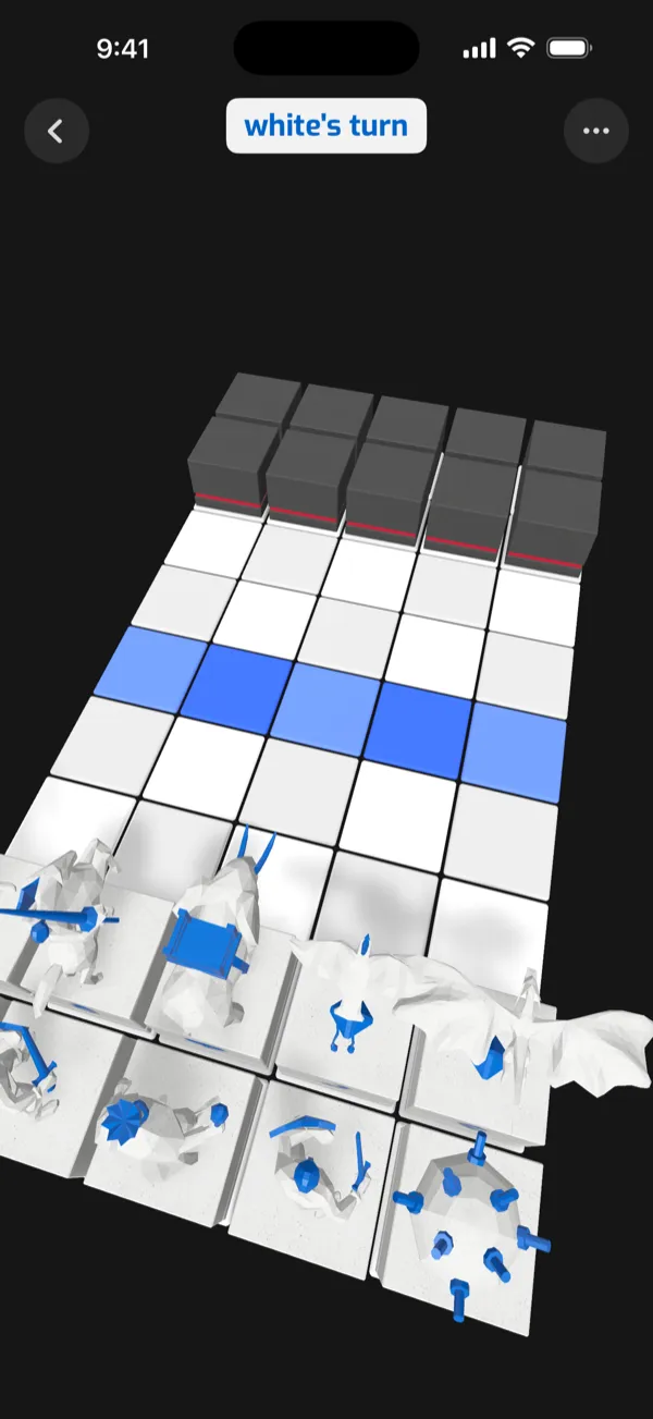 white's turn: white's characters stand on their stones, black's stones are blank blocks