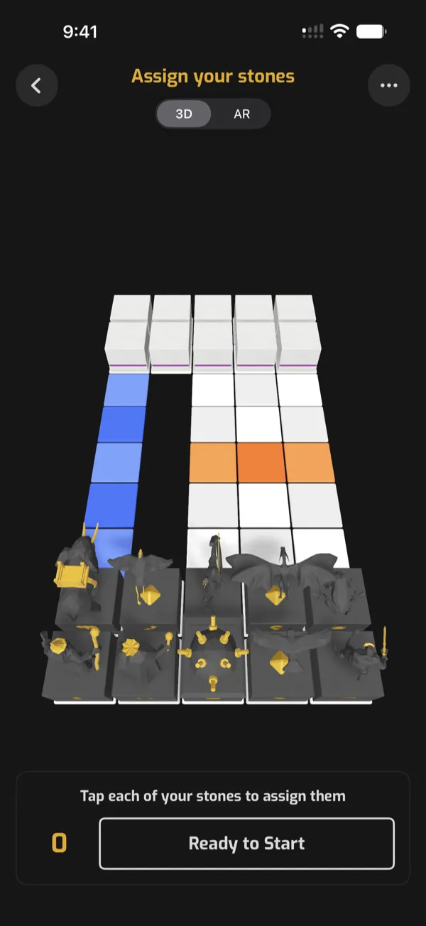 Setting up: Black's characters stand on their stones, White's stones beyond the river are blank blocks