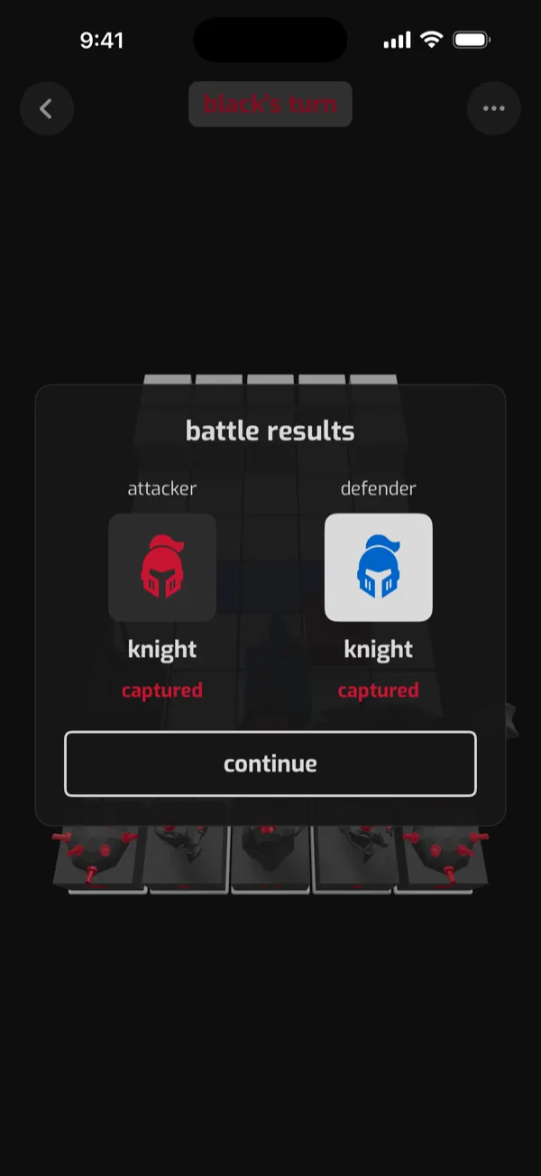battle results: the attacking knight and the defending knight are both captured