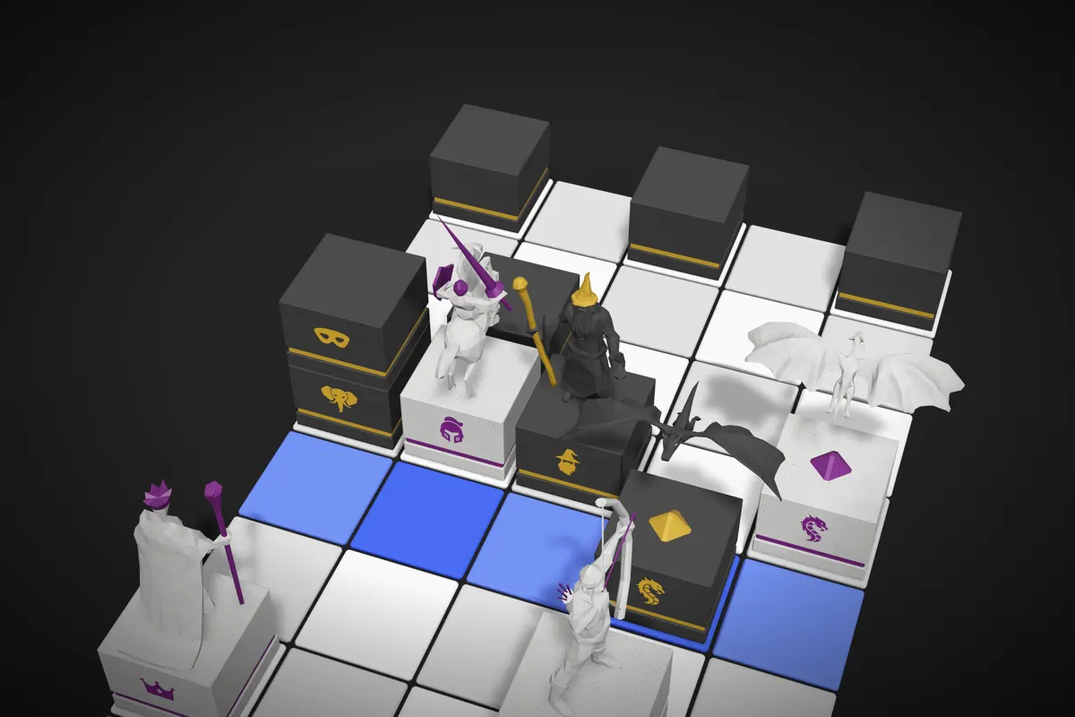 close up of the board: a white queen, archer and knight face hidden black stones and a black wizard